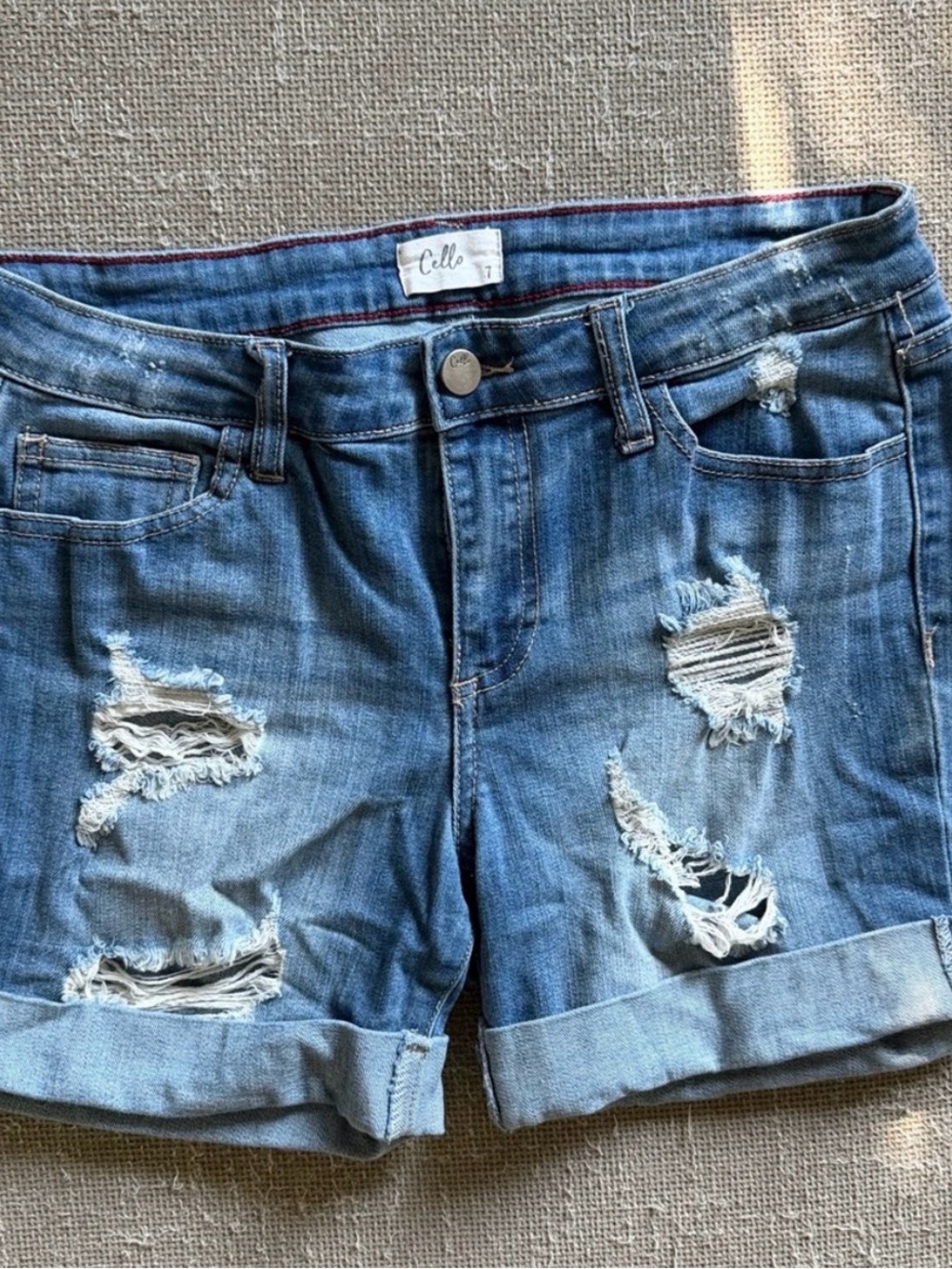 Carly Jean Los Angeles Cello Blue Distressed Denim Roll-Hem Shorts